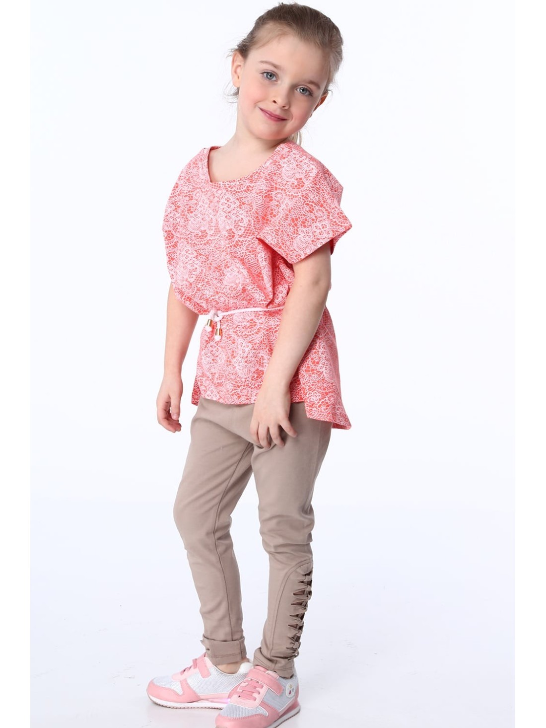 Girls\' blouse with ties, white and coral NDZ8200 - Online store - Boutique